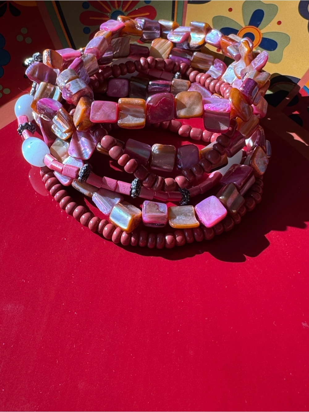 ✨BUNDLE 5 items for $20✨ Multi-Strand Pink Bead and Shell Bracelet Stack